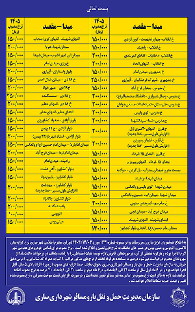 نرخ کرایه تاکسی و اتوبوس شهر ساری در سال 1405